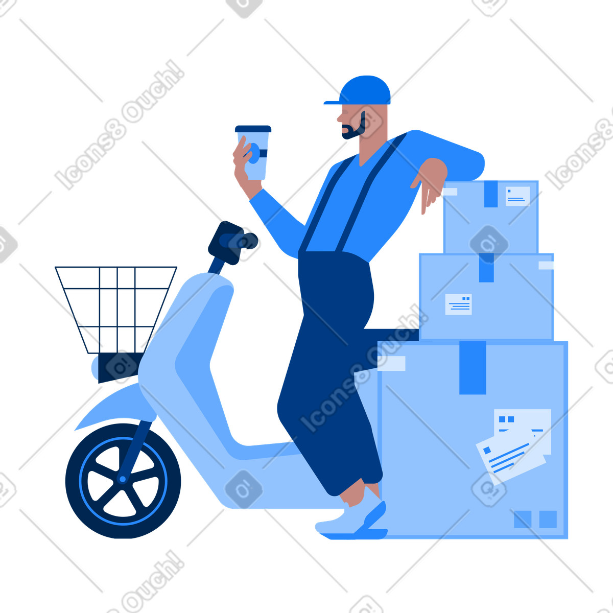 Urban スタイルの 荷物を持ってコーヒーを飲む配達員 のイラストをPNG、SVG形式でダウンロード