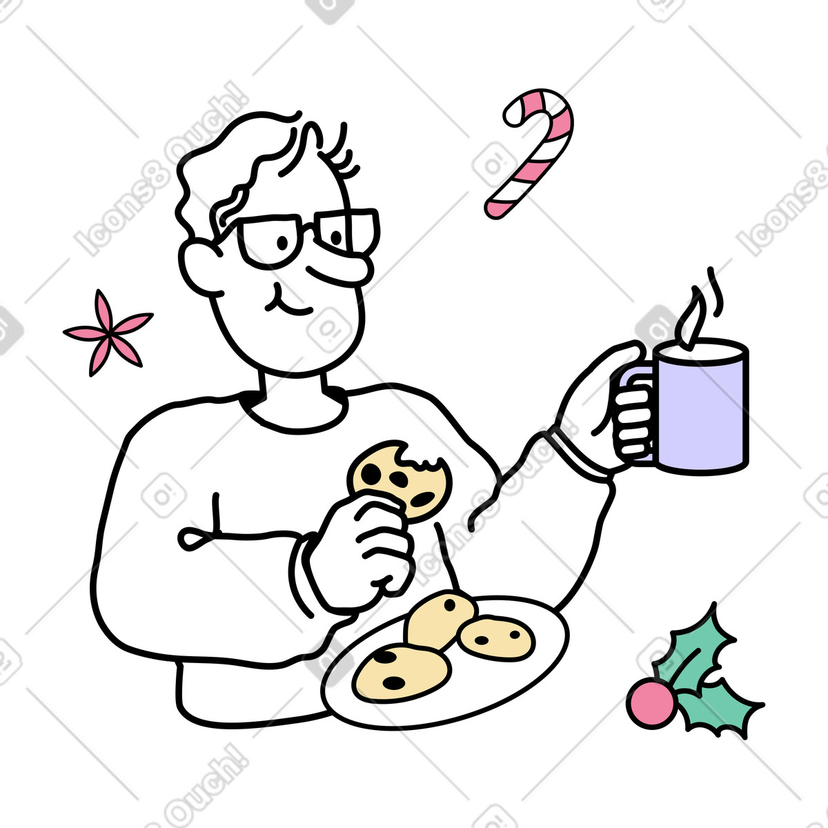 Mann mit brille isst weihnachtsplätzchen-Illustration im Notes-Stil als Download in PNG, SVG