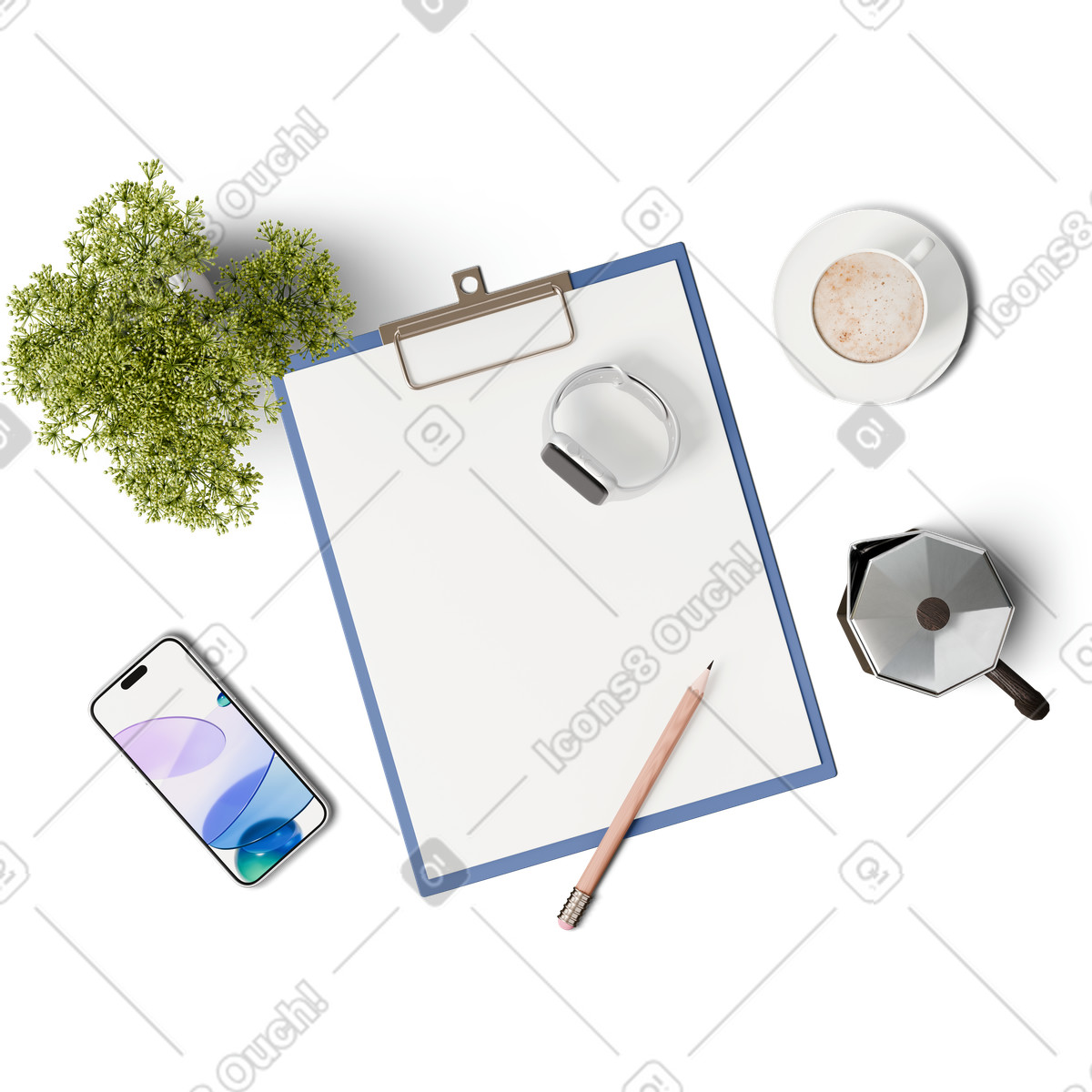 Top view of clipboard, smartphone, smart watch, and moka pot illustration in 3D Hygge style download in PNG, SVG