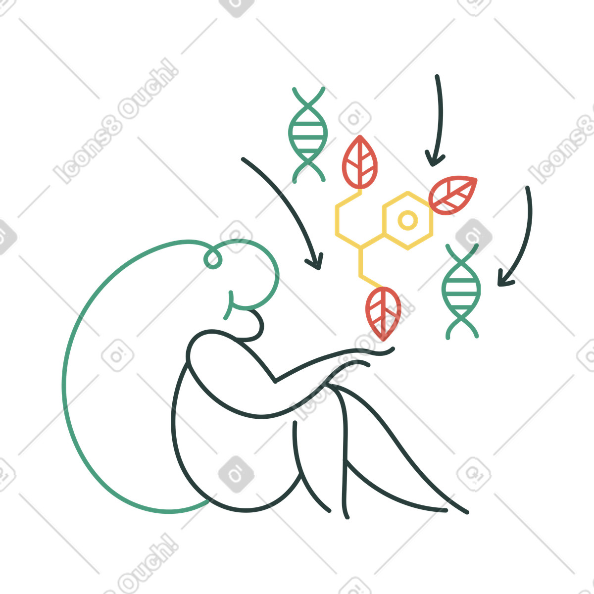 Illustration Femme regardant des brins d'adn dans le style Macaroni à télécharger aux formats PNG, SVG