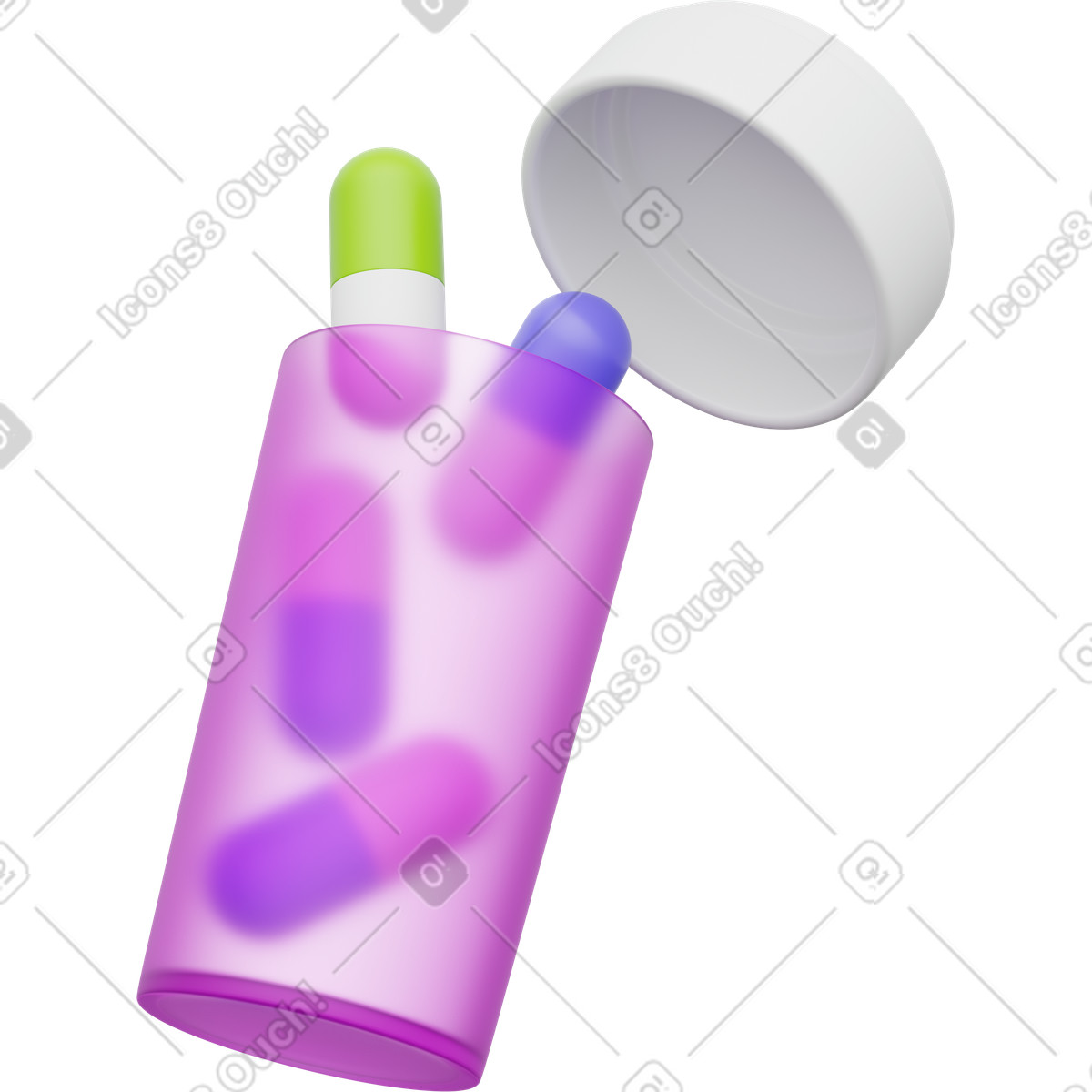下载 3D Playful 风格的 Pill bottle with colorful capsules and open plastic cap healthcare 插画，支持 PNG、SVG 格式