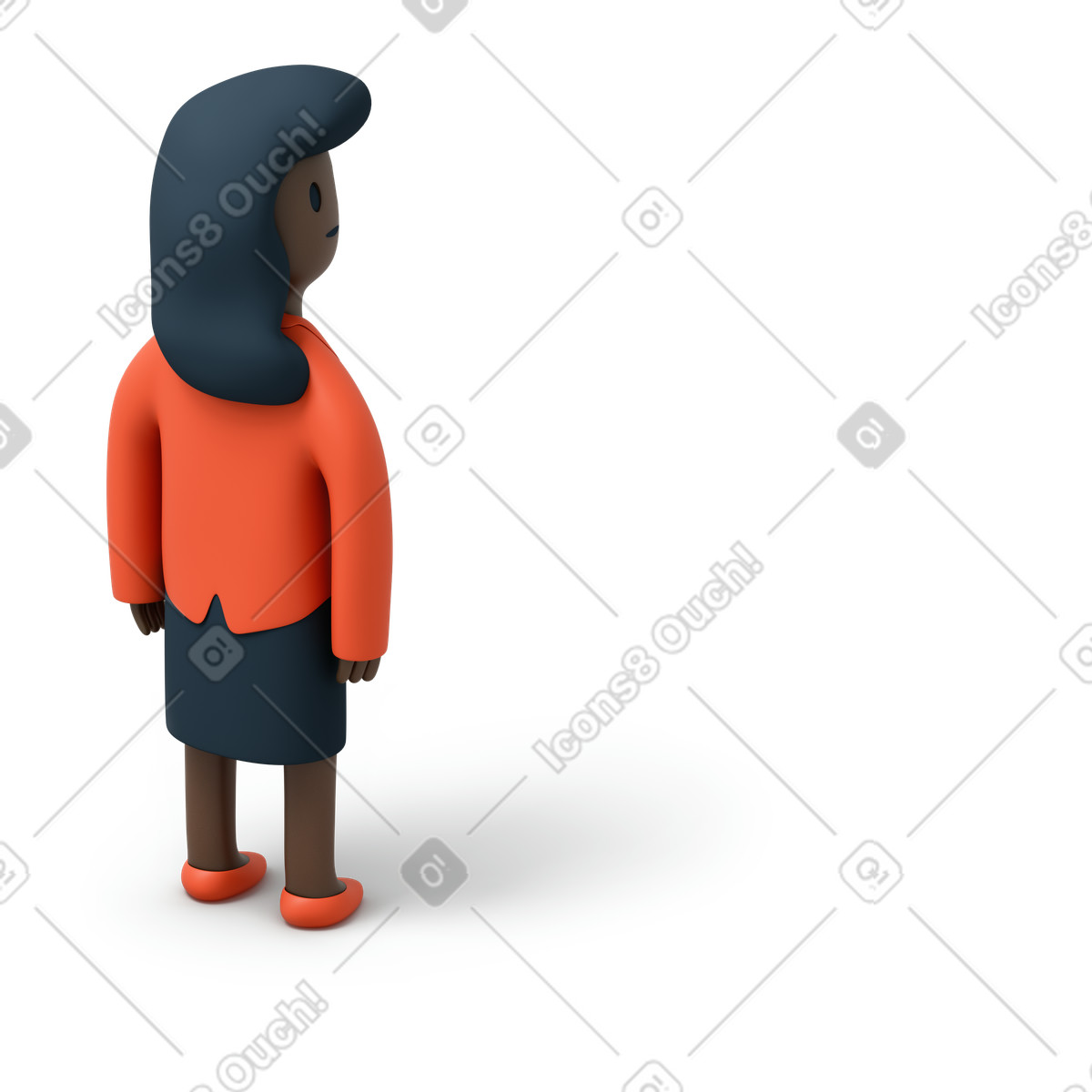 Rückansicht einer schwarzen frau im anzug, die nach rechts schaut-Illustration 3D Flame-Stil als Download in PNG, SVG