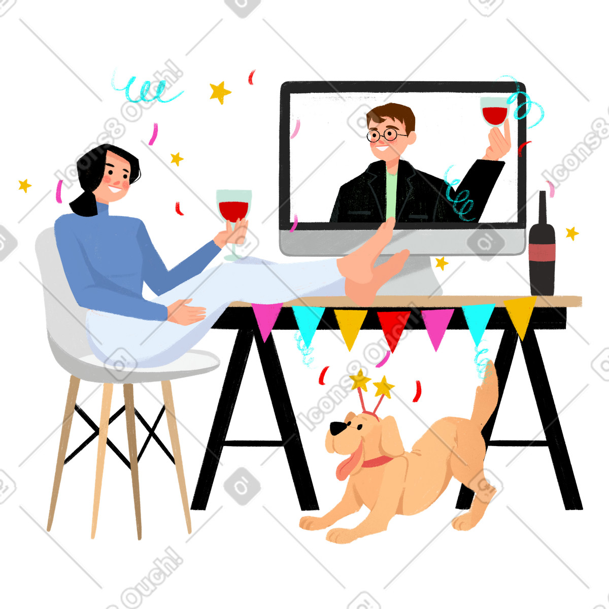 Uomo e donna celebrano l'evento online illustrazione in stile Experimental scarica in PNG, SVG