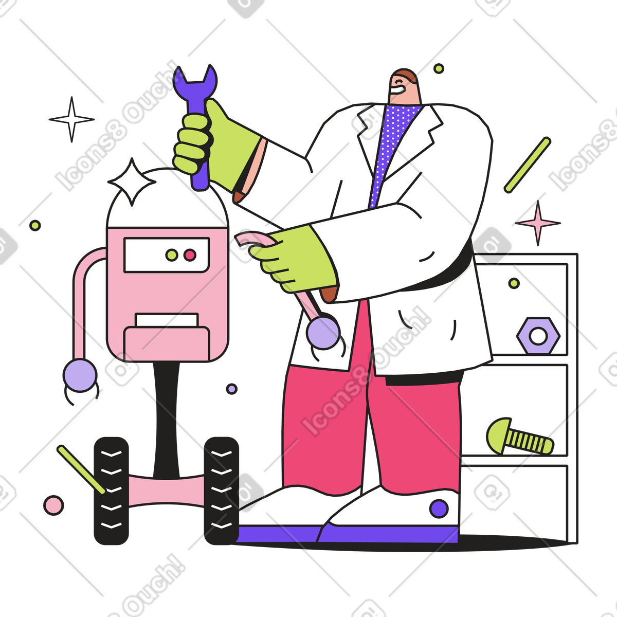 Ilustración Engineer assembling robot, Robotics engineering and innovation en estilo Dazzle a descargar en PNG y SVG