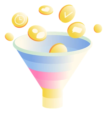 A funnel with floating social media icons - Beam style illustration