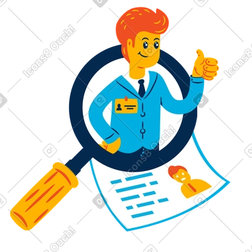 Recruiter looks through a magnifying glass at the resume of a new employee PNG, SVG