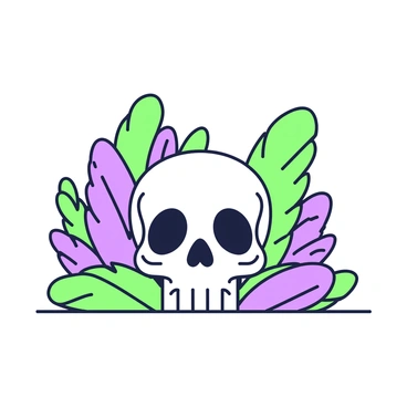A skull is positioned centrally on a flat surface. The skull is detailed, showcasing its contours and hollow eye sockets. Surrounding the skull, there are vibrant feathers in various shapes and sizes. The feathers are arranged artfully, some draping over the edges of the skull while others stand upright. The colors of the feathers include shades of green and purple, creating a visually striking contrast against the bone. The background is simple, allowing the focus to remain on the skull and the decorative feathers.
