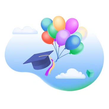 A graduation cap tied to colorful balloons floating in the sky