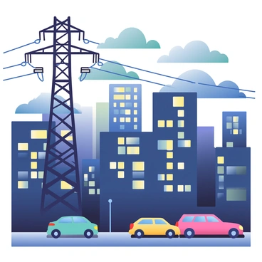 A city skyline is shown at dusk, with various buildings illuminated by flickering lights. In the foreground, a power grid tower stands tall, with visible wires stretching across the scene. The lights in some windows are bright, while others are dim or flickering, indicating an overload situation. Dark clouds are gathering above, creating a dramatic atmosphere. Below, cars are seen on a busy street, with headlights on, reflecting the tension in the environment. The overall color palette features deep blues and purples, emphasizing the urgency of the scene.
