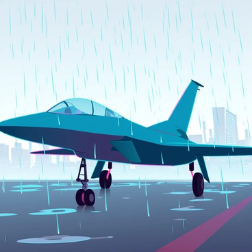 An F5 jet parked on a runway, showcasing its sleek, angular design. The aircraft's surface is glistening with water droplets, reflecting the gray clouds above. The runway is wet, with puddles forming around the jet's landing gear. Raindrops are falling steadily, creating ripples in the small pools of water. In the background, blurred outlines of airport buildings can be seen through the curtain of rain. The atmosphere is overcast, with a misty haze enveloping the scene.