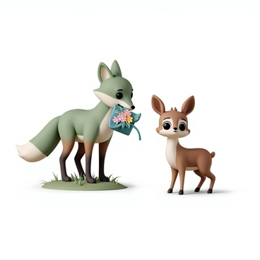 A vibrant green and brown wild animal, resembling a fox with sharp features and a bushy tail, stands on a patch of grass. It is gently holding a gift wrapped in leaves and colorful flowers in its mouth. The gift, a small bundle, is adorned with bright petals and greenery, making it look delicate and inviting. Nearby, another wild animal, a curious doe with soft brown fur and large expressive eyes, watches attentively, showing interest in the gift. The scene is lively, filled with a sense of connection and the beauty of nature surrounding them.
