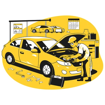 A mechanic working on a car engine in a busy auto repair shop