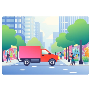 A red truck is driving through an urban landscape filled with tall buildings. The truck is slightly angled, showcasing its bold color as it moves along the road. On either side of the road, there are walls covered in vibrant graffiti, depicting various colorful designs and street art. The pavement is wet, reflecting the bright colors of the graffiti, and a few pedestrians can be seen in the background. Lush greenery is present in the scene, with trees lining the streets and potted plants placed near the walls. The sky is a mix of soft blues and whites, suggesting a bright day.