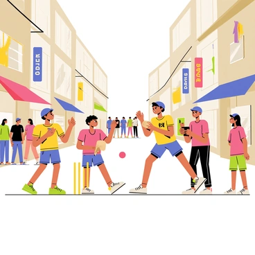 A group of children playing a lively game of cricket on a bustling city street. The children are wearing colorful t-shirts and shorts, with some wearing baseball caps. One child is holding a wooden cricket bat, ready to hit the ball, while others are positioned around as fielders. The street is lined with tall buildings and busy shops, showcasing a variety of people walking by. Vibrant street signs and colorful banners hang from the shops, adding to the lively atmosphere. A few curious passersby stop to watch the game, smiling at the children's excitement.