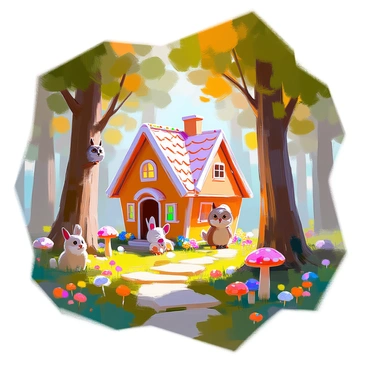 A dense and enchanting forest filled with tall, lush trees and vibrant green foliage. The underbrush is dotted with colorful wildflowers and playful mushrooms. Scattered throughout the scene are several talking animals, including a wise owl perched on a branch, a curious fox peeking from behind a tree, and cheerful rabbits hopping through the grass. Nestled among the trees is a whimsical gingerbread house, complete with candy decorations on the roof and frosting embellishments. The house is partly obscured by the dense foliage, creating an air of mystery and charm. Sunlight filters through the leaves, casting dappled shadows on the forest floor.