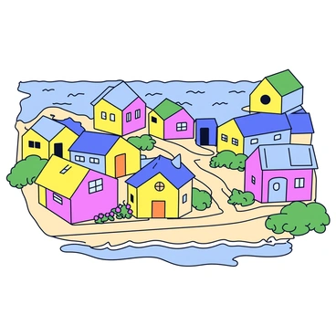 A quaint coastal village characterized by colorful houses painted in bright hues of yellow, blue, and pink. The houses are arranged closely together, with small, winding paths connecting them. These paths are lined with green shrubs and flowers, leading down towards the sea. In the background, gentle waves can be seen lapping at the sandy shore, completing the picturesque scene.