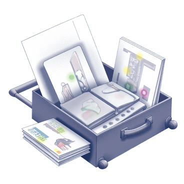 A suitcase placed on a flat surface, slightly open to reveal its contents. Inside, neatly folded garments in various sizes and styles are visible, showcasing a mix of textures and patterns. Next to the clothing, several fashion sketchbooks are stacked, their covers adorned with design sketches and colorful logos. The suitcase itself has a sturdy exterior with a telescoping handle and wheels, indicating it is designed for travel. Surrounding the suitcase is a slightly disordered environment, hinting at a busy preparation for a design trip.