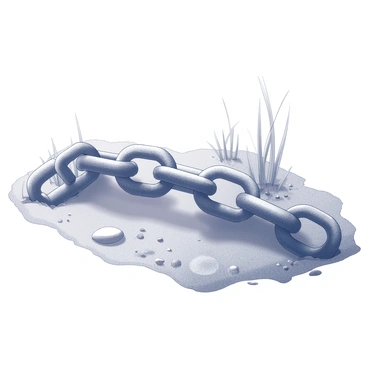 A close-up view of a broken chain resting on the ground. The chain links are jagged and uneven at the break, with one end partially buried in the dirt. The surrounding soil is disturbed, showcasing scattered pebbles and a few tufts of grass nearby. The broken links reflect a sense of weight and heaviness, conveying the theme of lost freedom in a stark and poignant manner.