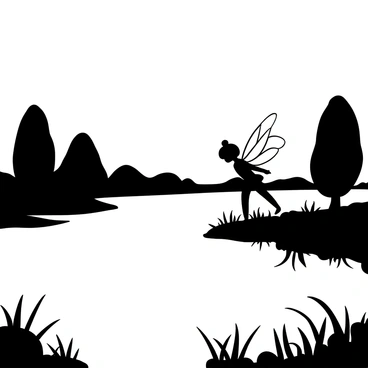 A fairy with delicate, reflective wings is standing at the edge of a perfectly still lake. The surface of the water mirrors the surroundings, creating a seamless reflection of the fairy and the landscape. The twilight sky casts a gentle ambiance, with soft shadows stretching across the ground. The fairy's silhouette is elegantly posed, with her wings slightly spread. Surrounding the lake are tall trees, their outlines defined in the fading light, and patches of grasses gently swaying in the evening breeze.