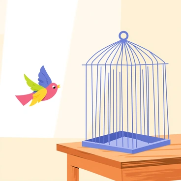 A colorful bird with bright feathers is flying away from an open birdcage. The birdcage, made of intricate metal bars, is set on a rustic wooden table with visible grain patterns. The table is positioned in a sunlit room, casting soft shadows. The bird is spreading its wings wide, capturing the moment of flight, while the cage stands empty, symbolizing freedom.