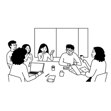A group of six diverse students is sitting around a large table, engaged in a collaborative project. One student, a girl with curly hair, is typing on a laptop while another, a boy with glasses, is flipping through a book. A third student, a girl with long straight hair, is writing notes on a notepad. There are several books stacked on the table, alongside open laptops and coffee cups. The students are discussing their ideas, with one boy gesturing enthusiastically while another girl is smiling, contributing to the conversation. The room has large windows allowing natural light to filter in.