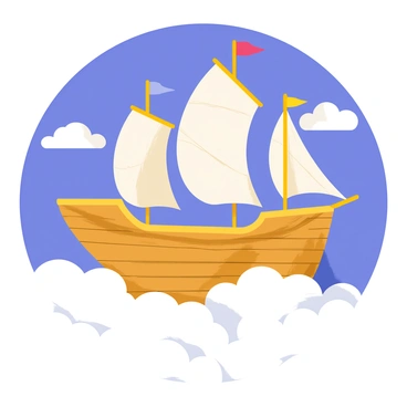 A majestic skyship with an ornate wooden hull and billowing white sails is sailing through fluffy white clouds. The skyship features colorful flags fluttering at the top of its masts. The scene includes a vibrant blue sky backdrop, with patches of light peeking through the clouds, creating a lively atmosphere around the skyship. The fluffy clouds are soft and puffy, contrasting against the deep blue of the sky, enhancing the feeling of height and adventure.
