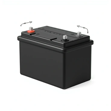 A diagram of a car's battery, showing a rectangular shape with rounded edges. The battery casing is black with a textured surface. The positive terminal is marked with a red color, labeled with the symbol "+", and the negative terminal is marked with a black color, labeled with the symbol "-". The terminals are attached to metal connectors, and there are small raised letters on the battery indicating the voltage. The diagram includes arrows pointing to each terminal to clearly highlight their positions.