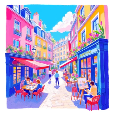 A vibrant scene of Montreal's Old Town showcases charming cobblestone streets lined with historic buildings featuring colorful facades. People stroll along the walkways, some sitting at outdoor café tables with steaming cups. There are vintage street lamps casting soft light, and vibrant flower boxes adorning windowsills. An artist paints on a nearby corner, capturing the beauty of the surroundings. The sky above is a bright blue, dotted with fluffy white clouds.