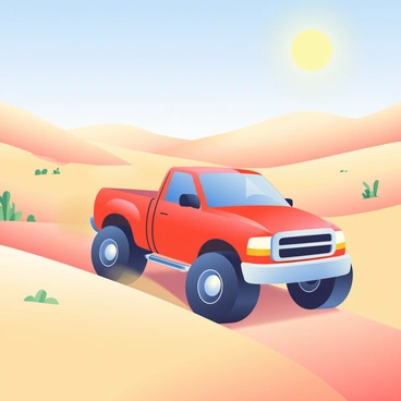 A bright red truck is driving through a vast desert landscape filled with tall sand dunes. The truck has shiny chrome accents and large off-road tires, kicking up a trail of dust behind it. The sun is high in the sky, casting sharp shadows on the undulating sand dunes, which are a light golden color. In the distance, there are scattered patches of dry vegetation and a clear blue sky, creating a sense of openness and vastness in the scene.