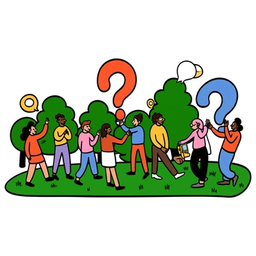 A park scene filled with large, oversized question mark sculptures scattered throughout the area. The question marks are brightly colored in shades of orange, blue, and green. People of various skin tones and ages are walking around, looking up at the sculptures with puzzled and curious expressions. Some visitors are stopping to take photos, while others are pointing at the question marks, engaging in conversations. The park is lush with green grass and trees in the background, creating a lively atmosphere.