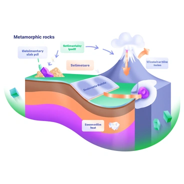 An illustration depicting the "rock cycle" with emphasis on "slab pull" impacting the formation of "metamorphic rocks". The image features distinct layers representing sedimentary, igneous, and metamorphic rocks. Each layer is labeled clearly. There is a visual representation of tectonic plates with arrows indicating the action of "slab pull". The metamorphic rocks are shown being formed under pressure and heat, surrounded by illustrations of minerals and crystals. Elements such as a volcano, sediment piles, and a mountain range are also included to enhance the depiction of the rock cycle. The color palette consists of soft pastel tones to create a cohesive and informative image.