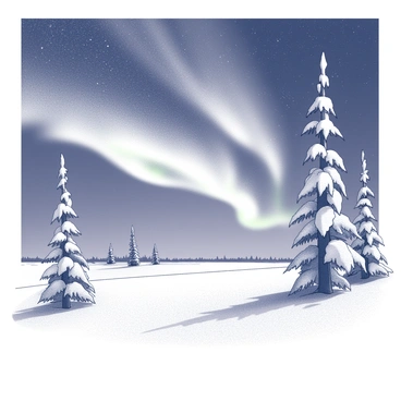 A landscape featuring a wide expanse of snow-covered ground. In the foreground, several tall trees are blanketed with snow, their branches heavy and drooping under the weight. In the background, a sky filled with the northern lights creates a dramatic display. The lights ripple and swirl, casting gentle shapes across the dark, starry sky. The overall scene exudes a sense of tranquility and the beauty of nature in winter.