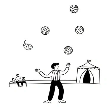 A minor circus performer in a striped costume is juggling large, round balls with intricate patterns on them. The performer is positioned in the center of a ring, surrounded by a faint outline of a circus tent. The balls are mid-air, showcasing the precise movements of the juggling act. There are a few small spectators sitting on the edge of the ring, watching intently. The atmosphere is filled with a sense of excitement and concentration.