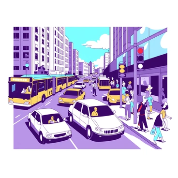 A vibrant city street is bustling with activity during rush hour. The scene is filled with a variety of cars in motion, some stopping at a red traffic light, while others are weaving through the traffic. Bright yellow buses are making their stops, with passengers boarding and alighting. On the sidewalks, numerous pedestrians are hurrying along, some holding coffee cups, others checking their phones. Tall buildings line the street, casting shadows and providing an urban backdrop to the lively atmosphere. The sky is clear, contributing to the energetic feel of the scene.