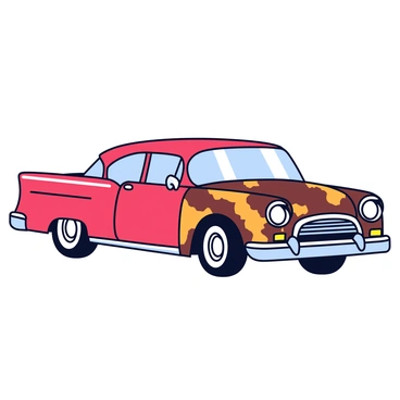 A classic car is positioned to showcase both sides. One side of the car is polished and shiny, reflecting light and displaying a vibrant red color. The other side of the car is rusty and weathered, with patches of brown and orange rust clearly visible on the surface. The contrast between the sides highlights the difference in condition. The car has a sleek, vintage design with smooth curves and a prominent front grill.