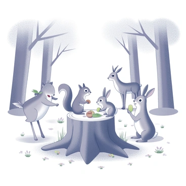 A clearing in a forest serves as the setting for a gathering of animals. Various forest animals, including a squirrel, a rabbit, and a deer, are present, all around a tree stump. The animals are sharing food, with the squirrel perched on the stump and holding a nut, while the rabbit sits nearby with a leafy green in front of it. The deer stands to one side, looking towards the others. The tree stump is at the center of the scene, surrounded by patches of grass and small flowers. The forest background features tall trees with a thick canopy above.