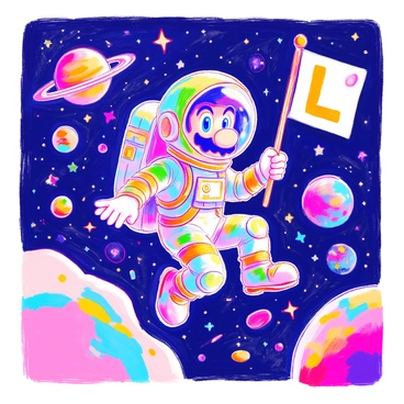 Luigi is clad in a shiny, white space suit with green accents, complete with a transparent helmet that reflects distant stars. He is floating in space, surrounded by a multitude of colorful stars and various celestial bodies, including vibrant planets with swirling patterns and rings. In his right hand, he holds a flag adorned with a large "L" symbol. The background is filled with a vast expanse of dark space, dotted with twinkling stars and a few asteroids floating nearby.