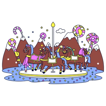 A row of carousel horses, each intricately designed with vibrant colors, stand on a carousel platform. The horses are adorned with decorative saddles and ribbons, featuring a glossy finish. Surrounding the carousel are towering candy canes and oversized lollipops dotted throughout a landscape made entirely of chocolate. There are chocolate mountains in the background, and rivers of flowing caramel winding through the scene. The ground is covered in a blanket of colorful sprinkles, creating a cheerful atmosphere.