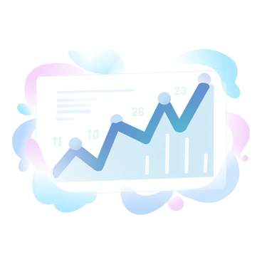 A chart featuring an upward trend line prominently displayed. The background consists of gradient pastel colors transitioning smoothly. The chart includes several data points marked along the trend line, demonstrating consistent progress. Each segment of the chart is labeled with numbers indicating growth metrics. Surrounding the chart are abstract shapes that convey a sense of movement and upward momentum, reinforcing the theme of business growth and success.