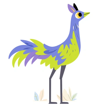 A fantasy creature with a slender body covered in vibrant feathers of various colors, including bright blues, greens, and purples. The feathers are intricately layered, creating a cascading effect along its back and tail. The creature has large, mystical glowing eyes that shimmer in shades of gold and silver, giving it an enchanting appearance. Its beak is sharp and slightly curved, and it stands gracefully on long, delicate legs. The background features gentle hints of a magical forest, with soft, luminous plants that complement the creature's vibrant colors.