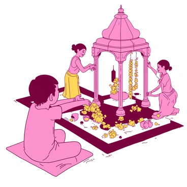 A pink child with short hair is sitting cross-legged on a colorful mat, observing family members as they prepare a mandap for a wedding. The mandap is adorned with yellow flowers and intricate decorations, featuring a beautiful canopy supported by four elegant pillars. In the background, two adults are stringing fresh yellow flowers together, while another family member is arranging colorful fabrics around the mandap. The child's expression is one of curiosity and excitement, with bright eyes focused on the preparations. The scene captures the lively atmosphere of a wedding celebration.
