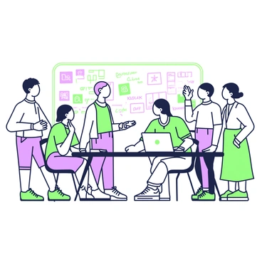 A group of team members is gathered around a large table during a workshop. The participants are engaged in a lively discussion, with a few individuals standing and sharing their innovative ideas. On the table, there are notepads, pens, and a laptop. In the background, there are colorful sticky notes displayed on a wall, showcasing various concepts. The atmosphere is open and collaborative, with expressions of enthusiasm and focus on each participant's face. A whiteboard is visible filled with drawn diagrams and text, providing a visual aid for the discussions.