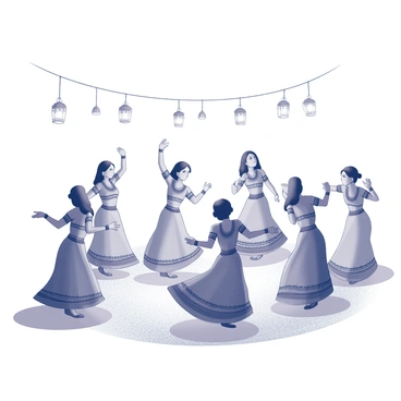 A group of individuals is engaged in a Garba dance, showcasing their traditional attire. Each dancer is adorned in bright, decorative costumes, with intricate patterns and embellishments. The dancers are positioned in a circular formation, with some raising their arms and others in mid-movement, creating a dynamic sense of rhythm. The scene is illuminated by several lanterns hanging above, casting distinct silhouettes and shadows. The background features a simple, unobtrusive setting that emphasizes the activity in the foreground.