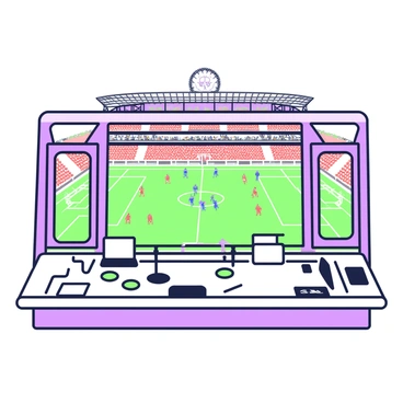 A press box overlooking the pitch at Old Trafford. The box features several rows of long tables equipped with laptops, notebooks, and microphones. Large windows provide a panoramic view of the green pitch below, where players are warming up. On the pitch, players in red and blue uniforms are engaged in drills, and the field is marked with white lines and a center circle. In the background, the iconic stands filled with spectators can be seen, along with the stadium's roof structure above.
