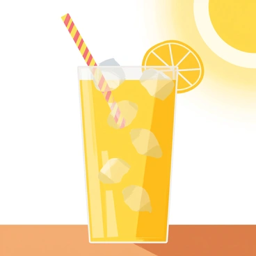 A tall glass of citron lemonade filled with bright yellow liquid sits on a wooden table. The glass is adorned with several clear ice cubes floating on the surface. A colorful striped straw is inserted into the glass at an angle. A few lemon slices rest on the rim of the glass, adding a touch of freshness. Sunlight glimmers off the glass, creating a refreshing and inviting appearance.
