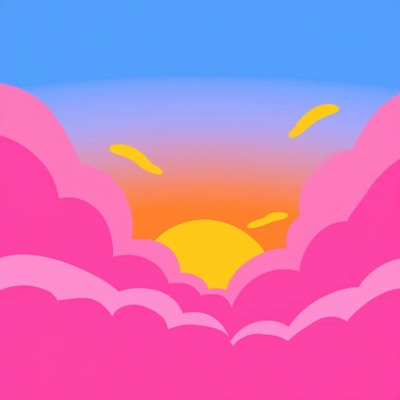 A sunset sky filled with vibrant clouds painted in "vivid brush strokes of pink and orange." The clouds are fluffy and dynamic, reflecting the warm colors of the setting sun. The sky transitions seamlessly from deep blue at the top to lighter hues near the horizon, creating a striking contrast. Small patches of golden light peek through the clouds, enhancing the overall warmth of the scene.
