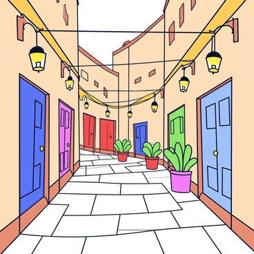 A narrow winding alley in an old medina with cobblestone pavement. The walls of the alley are made of weathered stone, showcasing shades of beige and brown. Colorful doors in vibrant hues of blue, red, and green are set into the walls, each adorned with intricate patterns and small brass knockers. Hanging from the overhead awnings are several lanterns made of metal and glass, illuminated with a warm light, creating a cozy atmosphere. Potted plants with lush green leaves are placed near the doors, adding a touch of nature to the scene.