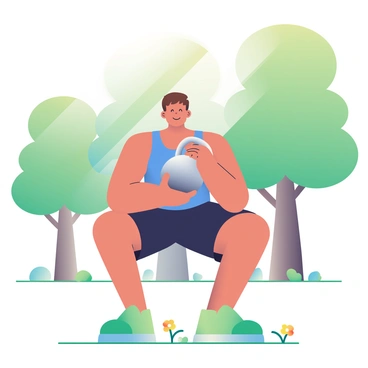 A fitness enthusiast with tanned skin and short brown hair is performing a goblet squat in a sunny park. They are wearing a fitted blue tank top and black athletic shorts. Their arms are holding a large silver kettlebell close to their chest, while they are crouched down in the squat position. Sunlight filters through the leaves of several tall, green trees in the background, casting dappled light on the grassy ground. A few colorful wildflowers peek through the grass near their feet, adding a touch of color to the scene.