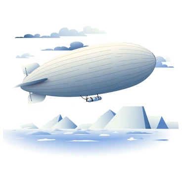 An airship with a large, silver hull is floating in the sky above a vast, frozen arctic landscape. The airship has several gas balloons, and its propellers are visible at the rear. Below, the icy ground is covered with a thick layer of snow and dotted with sharp ice formations. The distant horizon features towering glaciers that glisten in the cold light. Dark, swirling clouds are present in the sky, hinting at the harsh winds buffeting the airship. The scene captures a sense of adventure and resilience in a harsh environment.