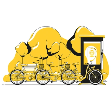 A row of bicycles stands neatly lined up at a public bike rental station. Each bicycle has a sturdy frame with yellow accents and features a comfortable seat. The bikes are equipped with baskets on the front for carrying personal items. Surrounding the rental station is a well-maintained park area, with trees providing shade and a neatly paved pathway visible in the background. Various park benches are scattered around the area, and a few people can be seen walking leisurely nearby.